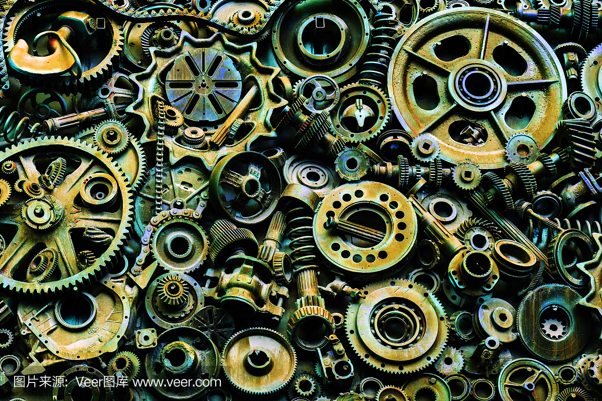 蒸汽朋克的紋理,背景與機(jī)械零件,齒輪,蒸汽朋克齒輪,堆汽車(chē)零件,舊生銹的鐵鏈,彈簧,車(chē)輪,接近